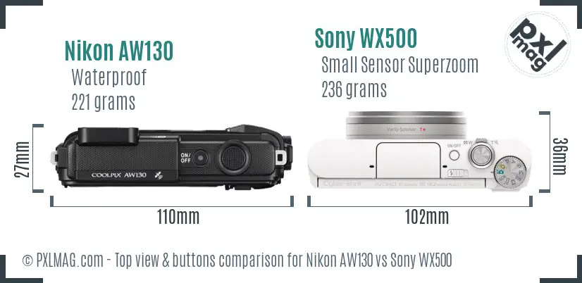Nikon AW130 vs Sony WX500 top view buttons comparison