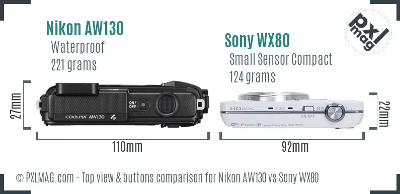 Nikon AW130 vs Sony WX80 top view buttons comparison