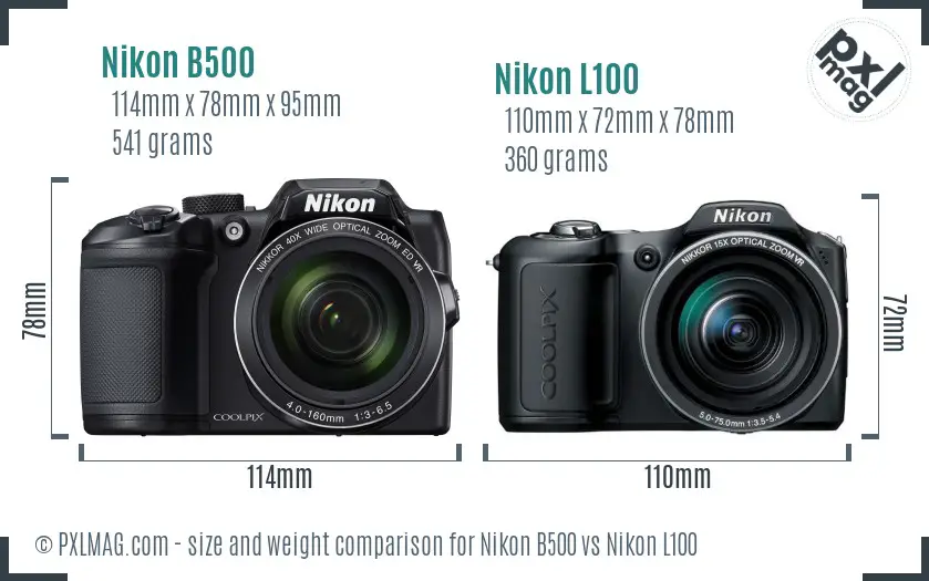 Nikon B500 vs Nikon L100 size comparison