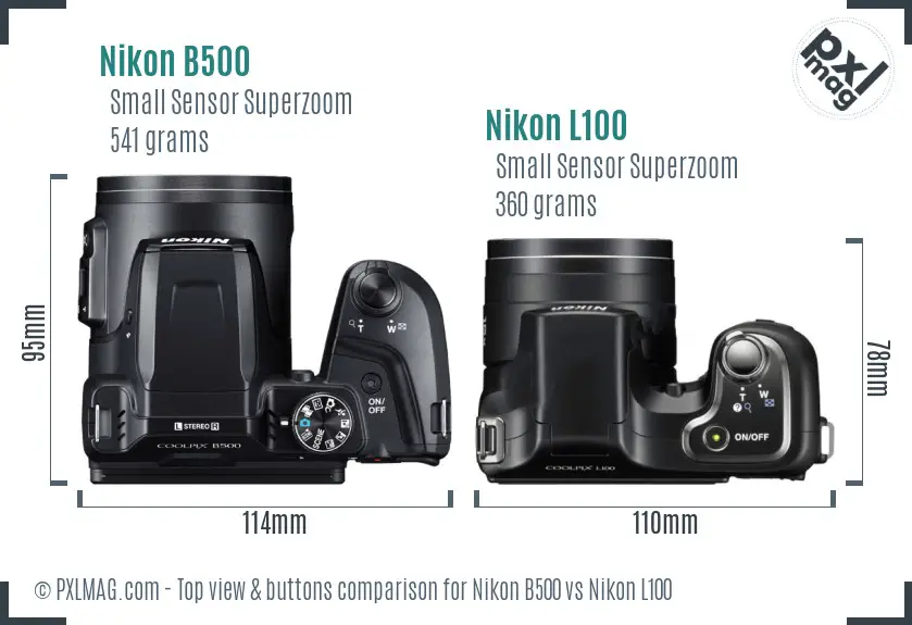 Nikon B500 vs Nikon L100 top view buttons comparison