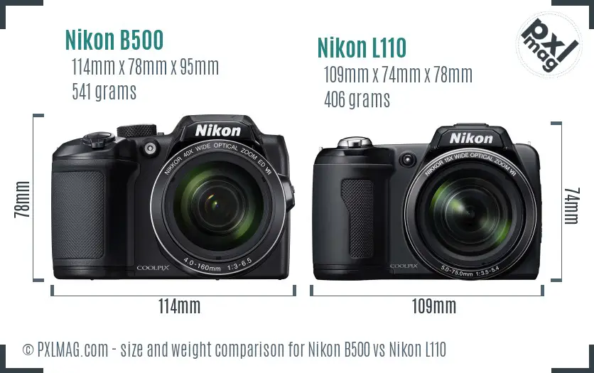 Nikon B500 vs Nikon L110 size comparison