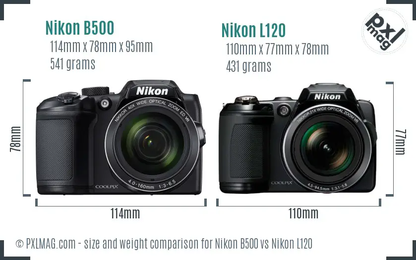 Nikon B500 vs Nikon L120 size comparison