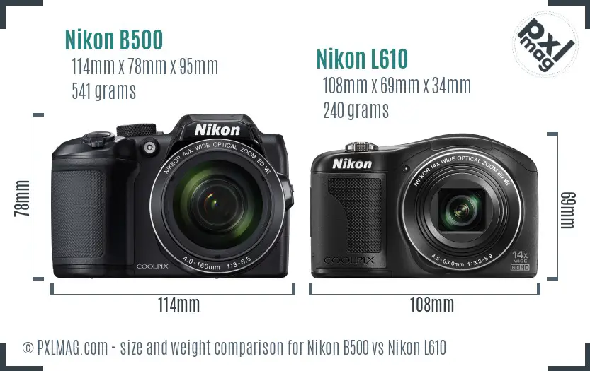Nikon B500 vs Nikon L610 size comparison