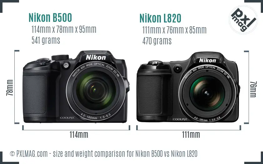 Nikon B500 vs Nikon L820 size comparison