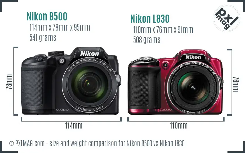 Nikon B500 vs Nikon L830 size comparison