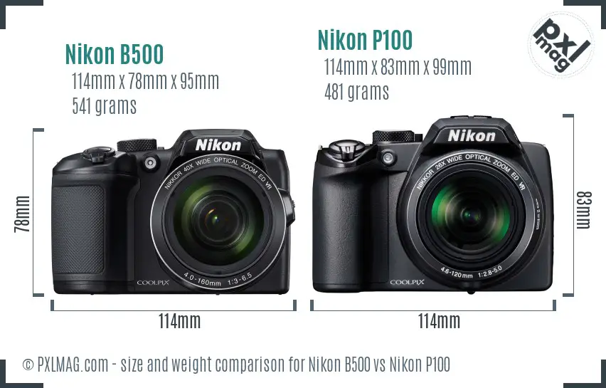 Nikon B500 vs Nikon P100 size comparison