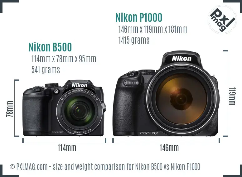 Nikon B500 vs Nikon P1000 size comparison