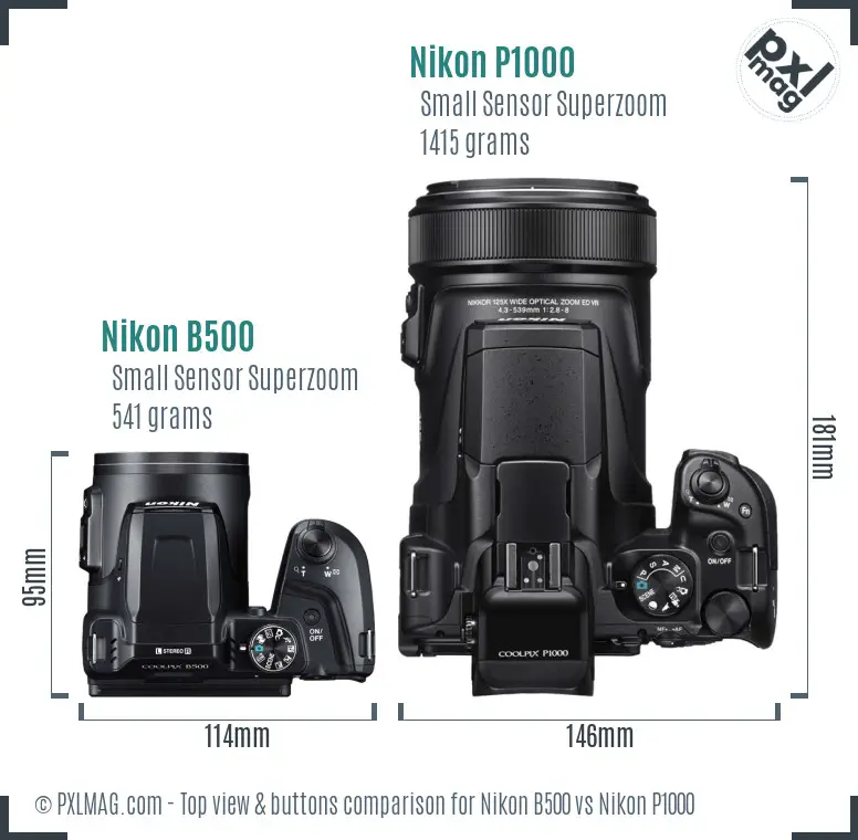 Nikon B500 vs Nikon P1000 top view buttons comparison