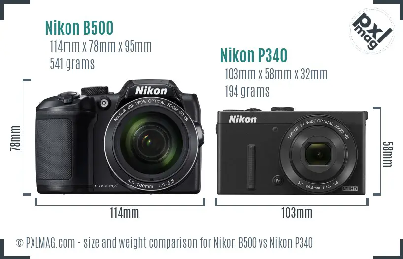 Nikon B500 vs Nikon P340 size comparison
