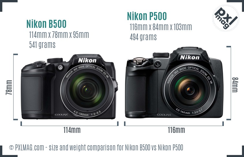 Nikon B500 vs Nikon P500 size comparison