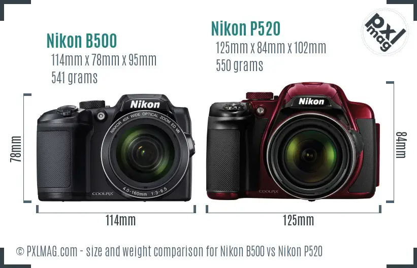 Nikon B500 vs Nikon P520 size comparison