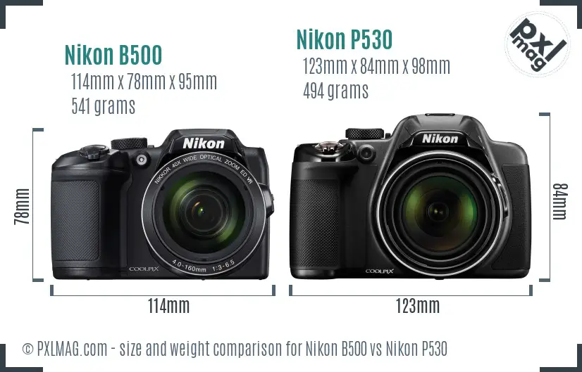 Nikon B500 vs Nikon P530 size comparison