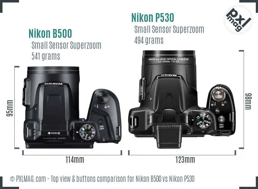 Nikon B500 vs Nikon P530 top view buttons comparison