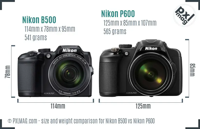 Nikon B500 vs Nikon P600 size comparison
