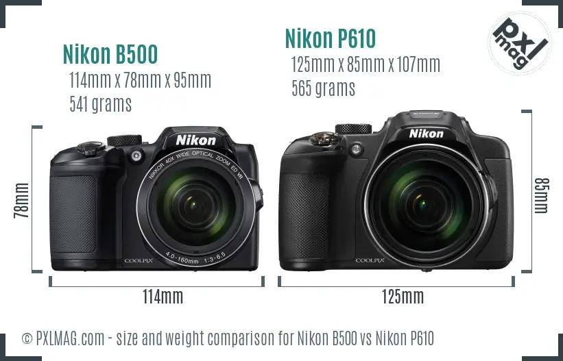 Nikon B500 vs Nikon P610 size comparison
