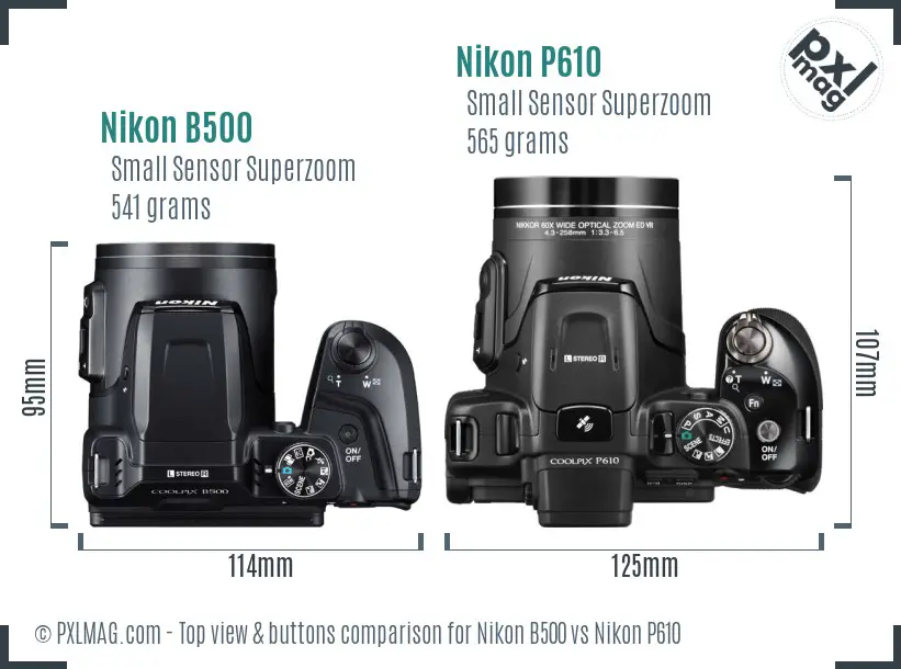 Nikon B500 vs Nikon P610 top view buttons comparison