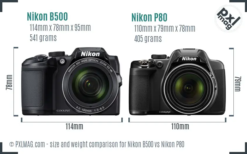 Nikon B500 vs Nikon P80 size comparison