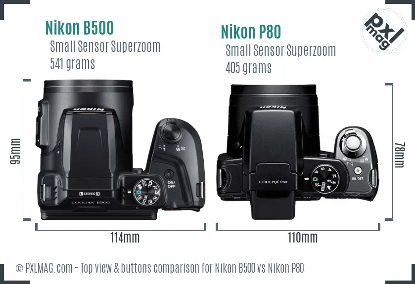 Nikon B500 vs Nikon P80 top view buttons comparison