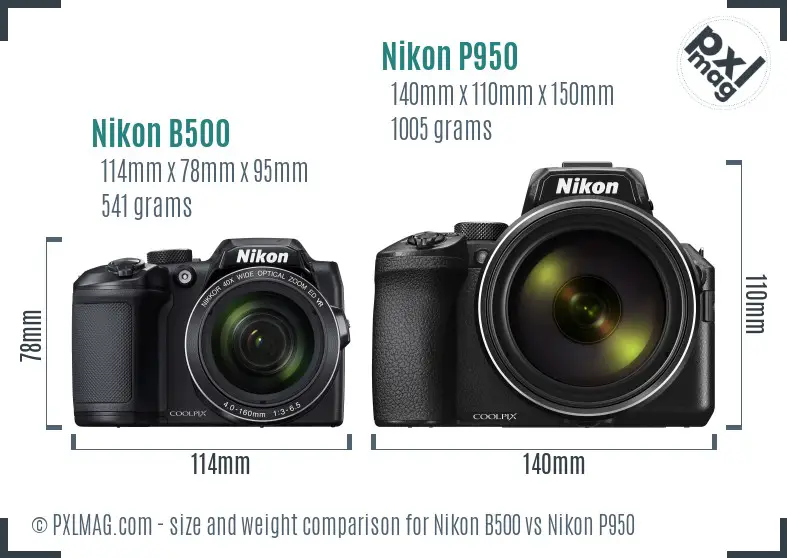 Nikon B500 vs Nikon P950 size comparison