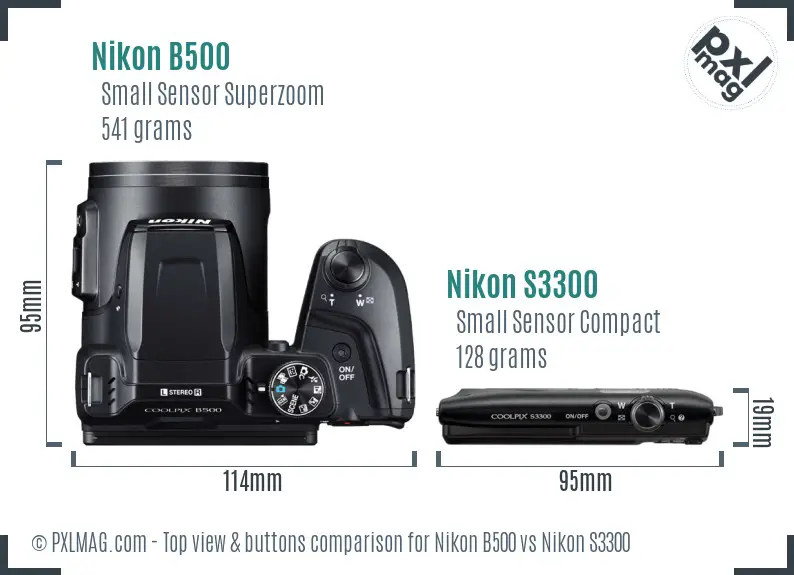 Nikon B500 vs Nikon S3300 top view buttons comparison Nikon B500 vs Nikon S3300 top view buttons comparison