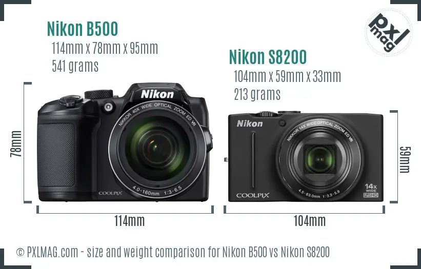 Nikon B500 vs Nikon S8200 size comparison