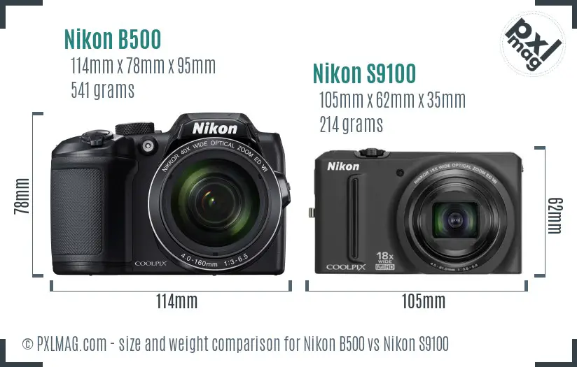 Nikon B500 vs Nikon S9100 size comparison