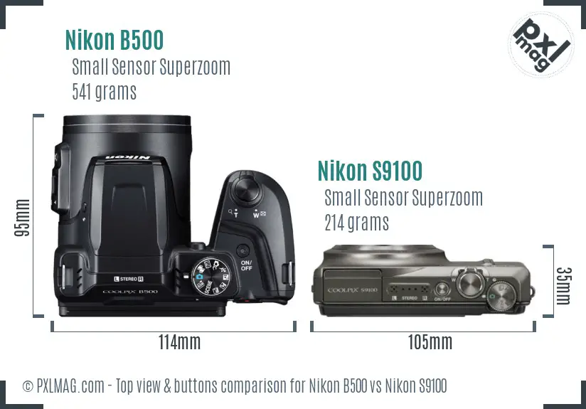 Nikon B500 vs Nikon S9100 top view buttons comparison