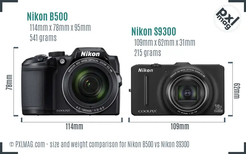 Nikon B500 vs Nikon S9300 size comparison