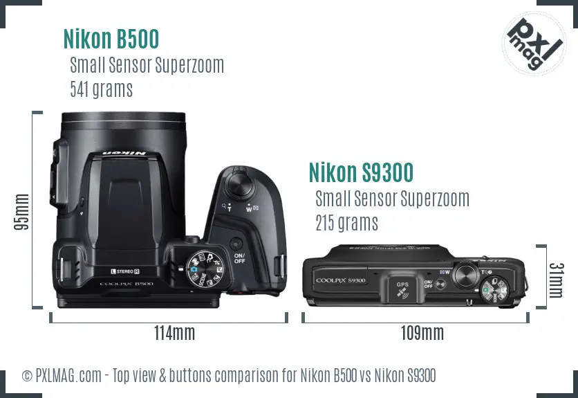 Nikon B500 vs Nikon S9300 top view buttons comparison