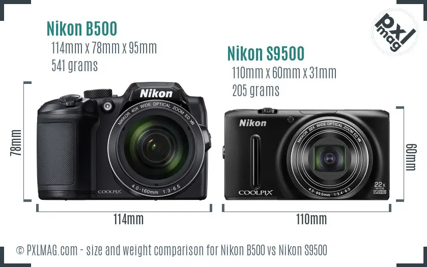 Nikon B500 vs Nikon S9500 size comparison