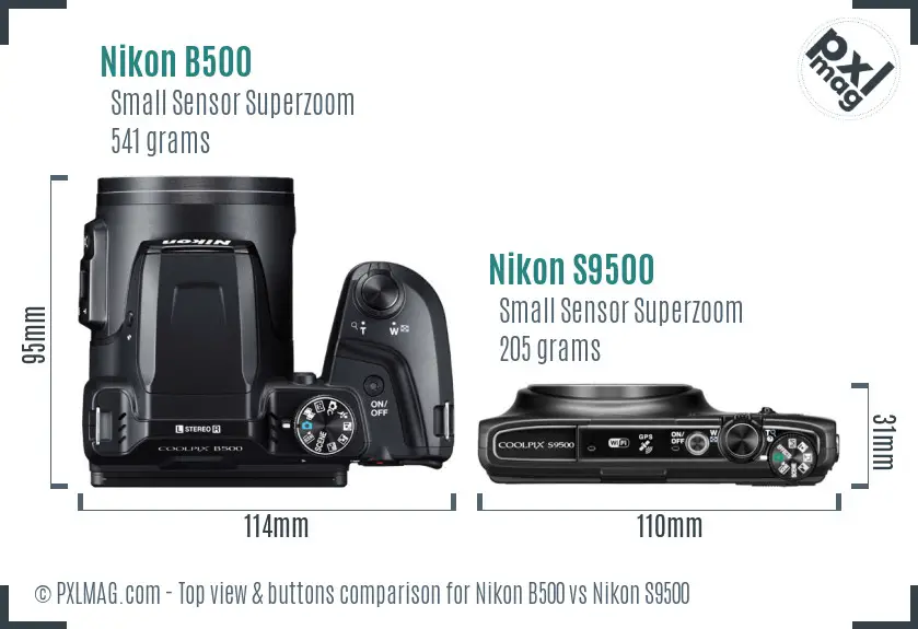 Nikon B500 vs Nikon S9500 top view buttons comparison