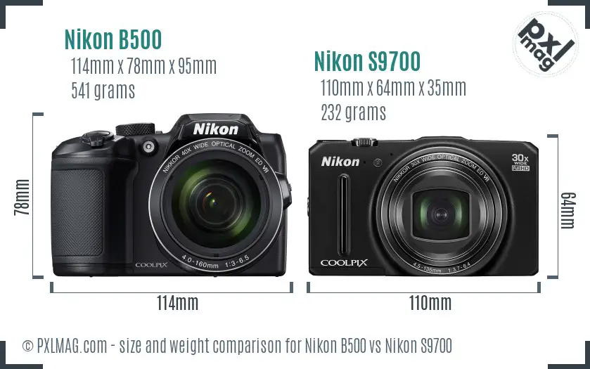 Nikon B500 vs Nikon S9700 size comparison