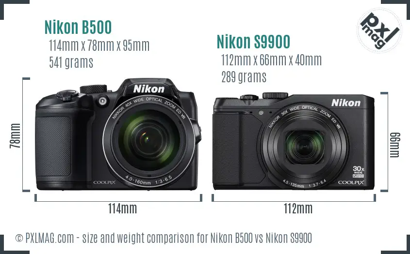 Nikon B500 vs Nikon S9900 size comparison