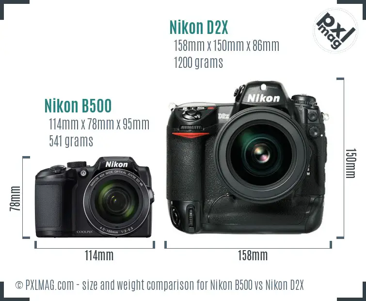 Nikon B500 vs Nikon D2X size comparison