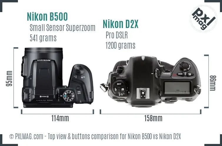 Nikon B500 vs Nikon D2X top view buttons comparison