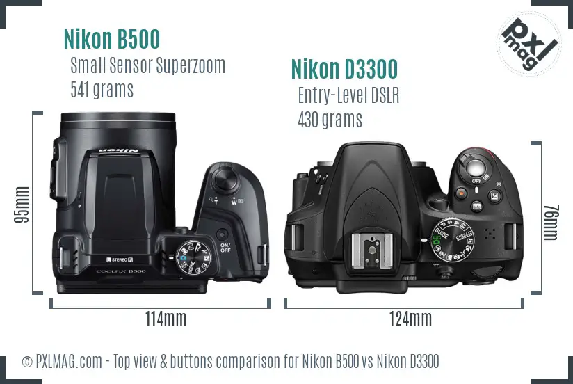 Nikon B500 vs Nikon D3300 top view buttons comparison Nikon B500 vs Nikon D3300 top view buttons comparison