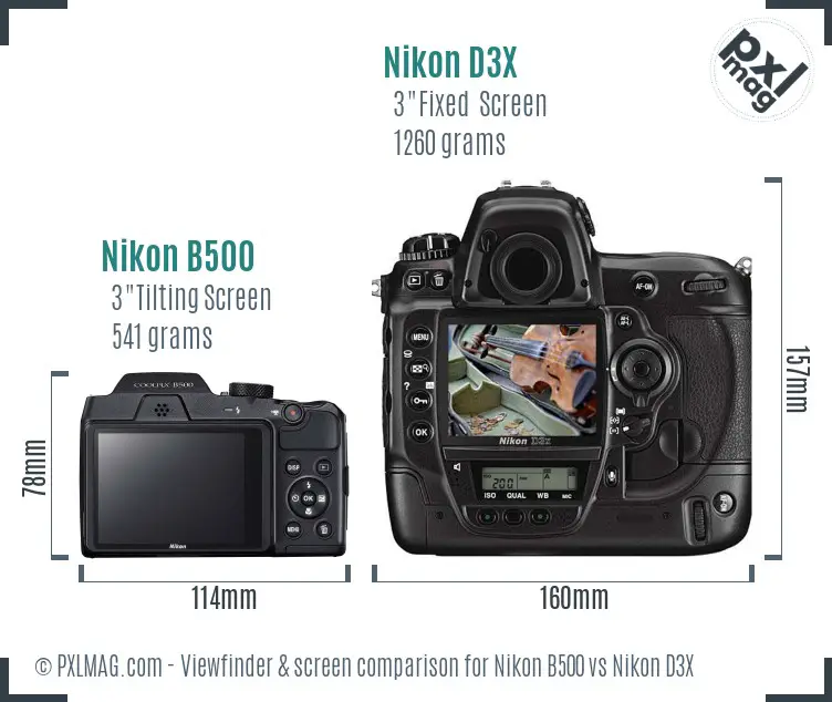 Nikon B500 vs Nikon D3X Screen and Viewfinder comparison