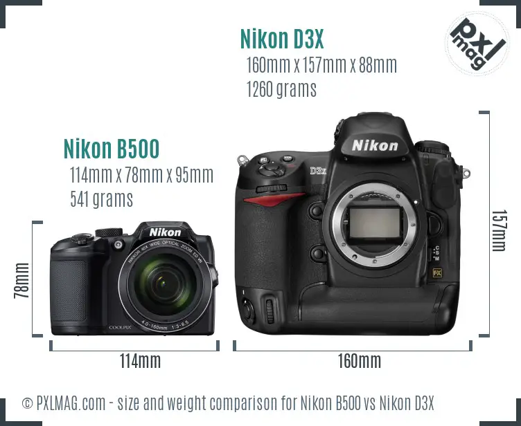 Nikon B500 vs Nikon D3X size comparison