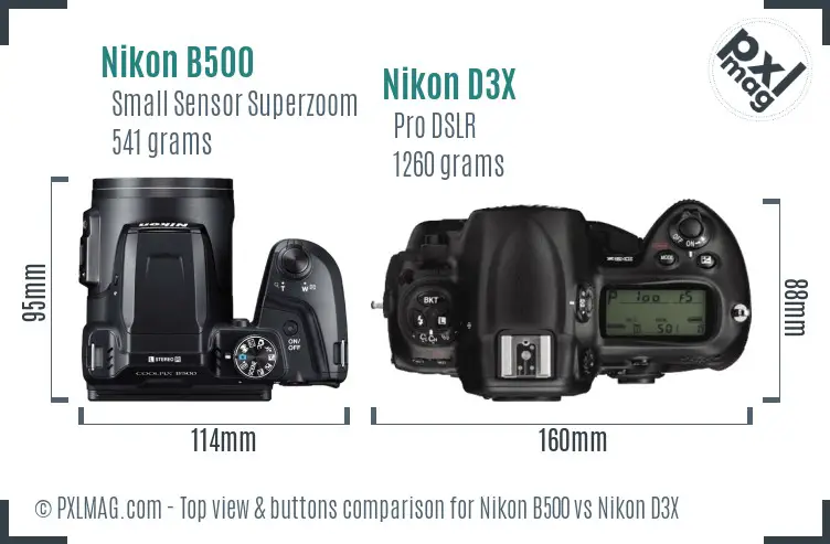 Nikon B500 vs Nikon D3X top view buttons comparison