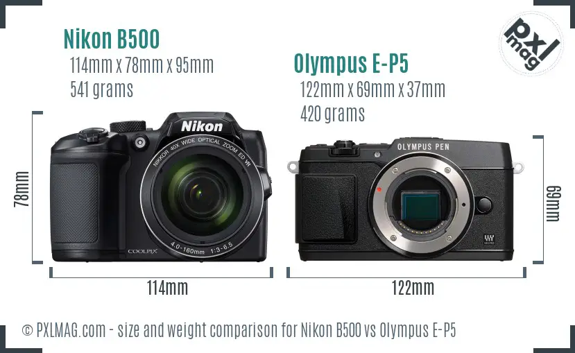 Nikon B500 vs Olympus E-P5 size comparison
