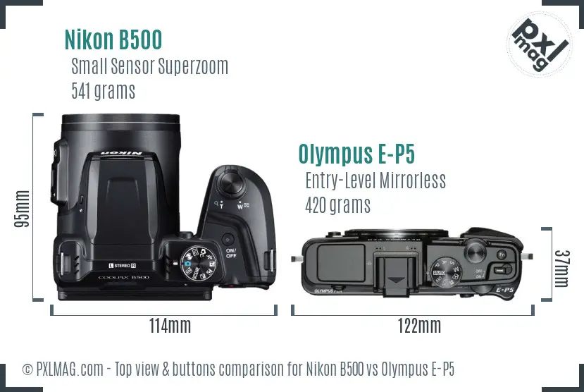 Nikon B500 vs Olympus E-P5 top view buttons comparison