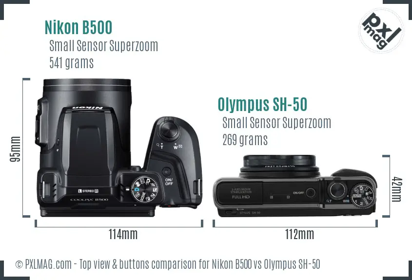 Nikon B500 vs Olympus SH-50 top view buttons comparison