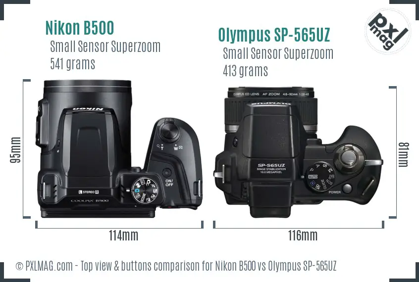 Nikon B500 vs Olympus SP-565UZ top view buttons comparison