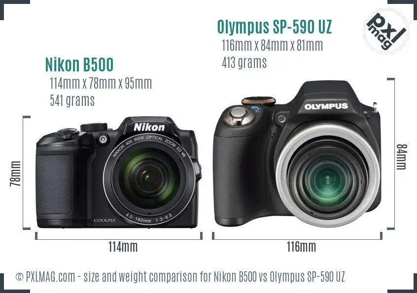 Nikon B500 vs Olympus SP-590 UZ size comparison