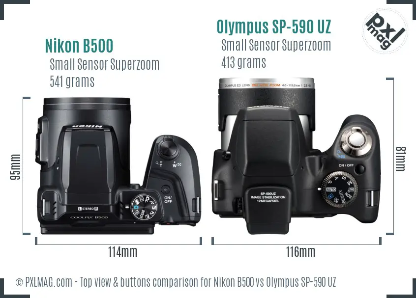 Nikon B500 vs Olympus SP-590 UZ top view buttons comparison