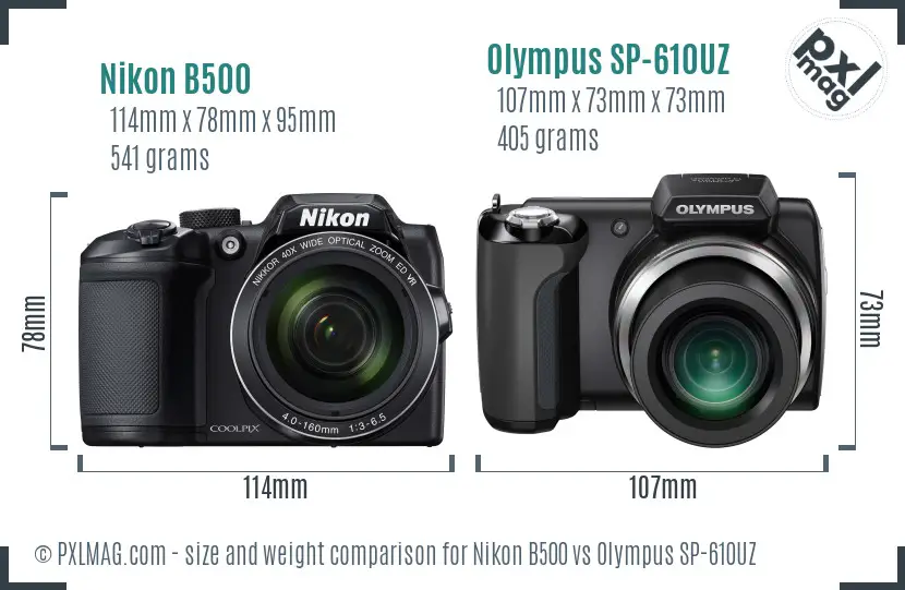 Nikon B500 vs Olympus SP-610UZ size comparison