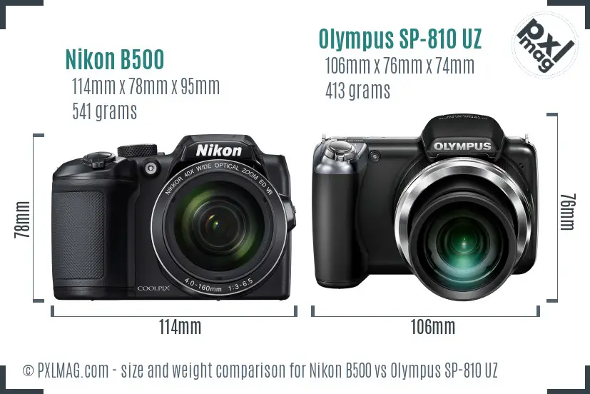 Nikon B500 vs Olympus SP-810 UZ size comparison