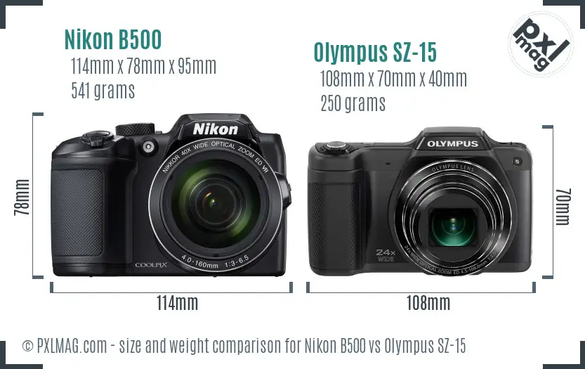 Nikon B500 vs Olympus SZ-15 size comparison