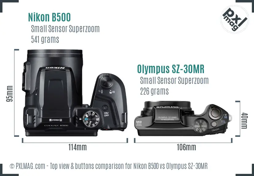Nikon B500 vs Olympus SZ-30MR top view buttons comparison
