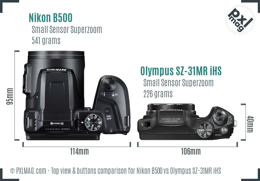 Nikon B500 vs Olympus SZ-31MR iHS top view buttons comparison